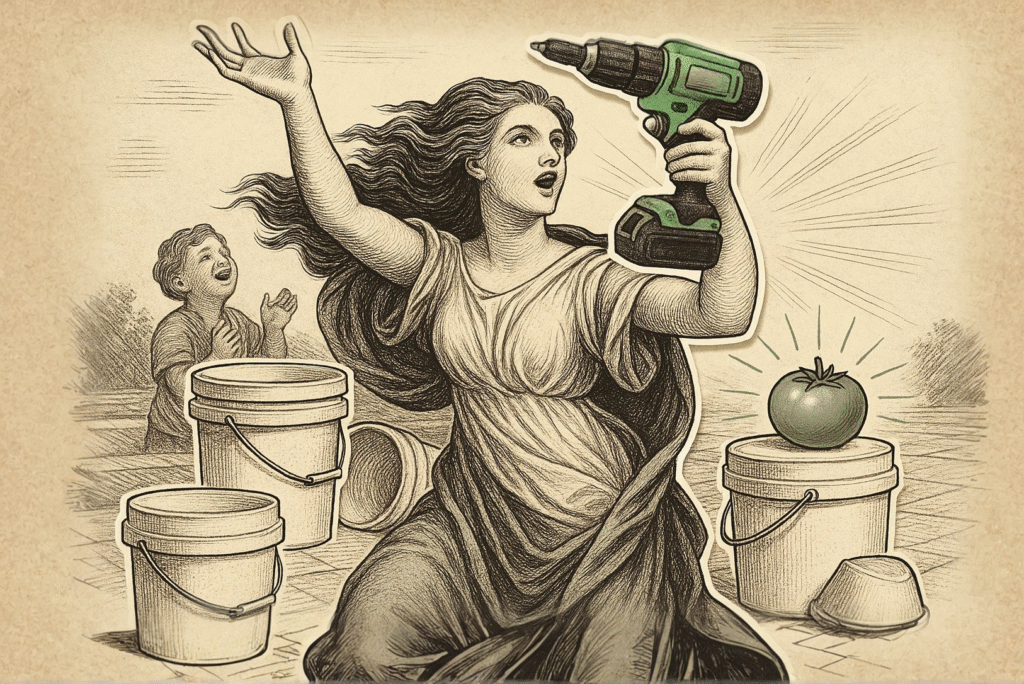 Classical engraving-style collage of a dramatic woman triumphantly holding a green power drill above a 5-Gallon Bucket Setup, with a child watching and a glowing tomato nearby — symbolizing the humorous glory of how to start a 5-gallon bucket garden.