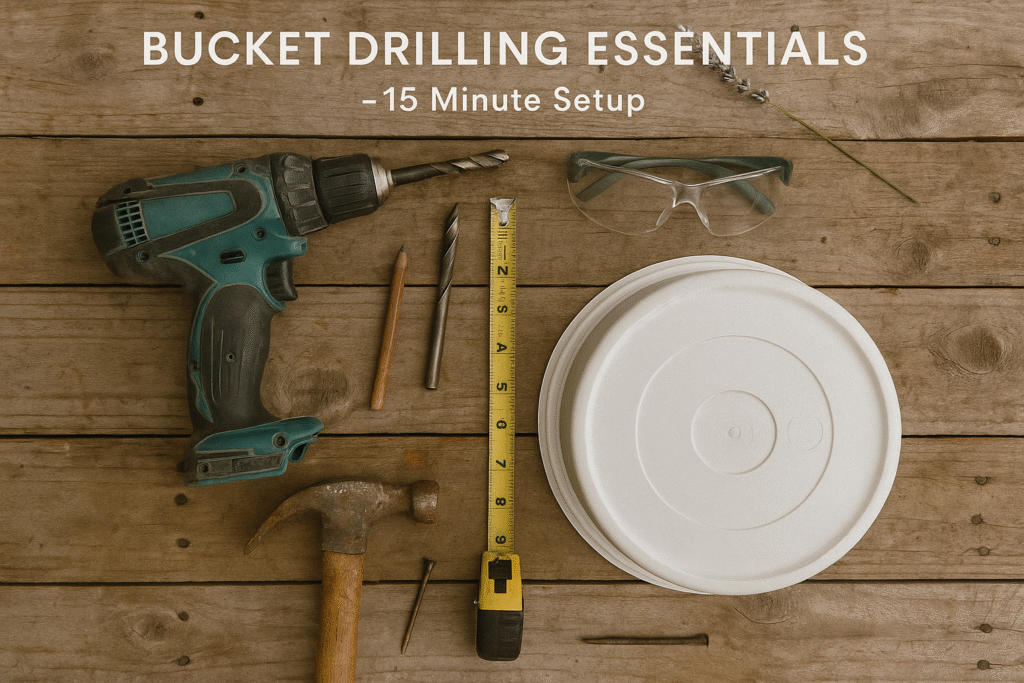 5-Gallon Bucket Setup Tools: Quick Drill Prep for Garden Buckets Flat lay of essential tools to start a 5-gallon bucket garden, including a power drill, drill bits, hammer, nails, measuring tape, safety glasses, and a white 5-gallon bucket lid — part of a complete 5-Gallon Bucket Setup.