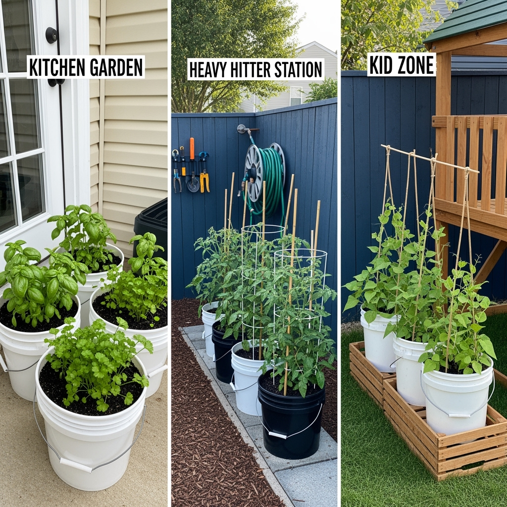 5-Gallon Bucket Garden Zone Planning Side-by-side layout to start a 5-gallon bucket garden using zones for a 5-Gallon Bucket Setup — kitchen herbs near the door, staked tomato plants along a fence, and kid-friendly bush beans beside a playset in distinct backyard zones.