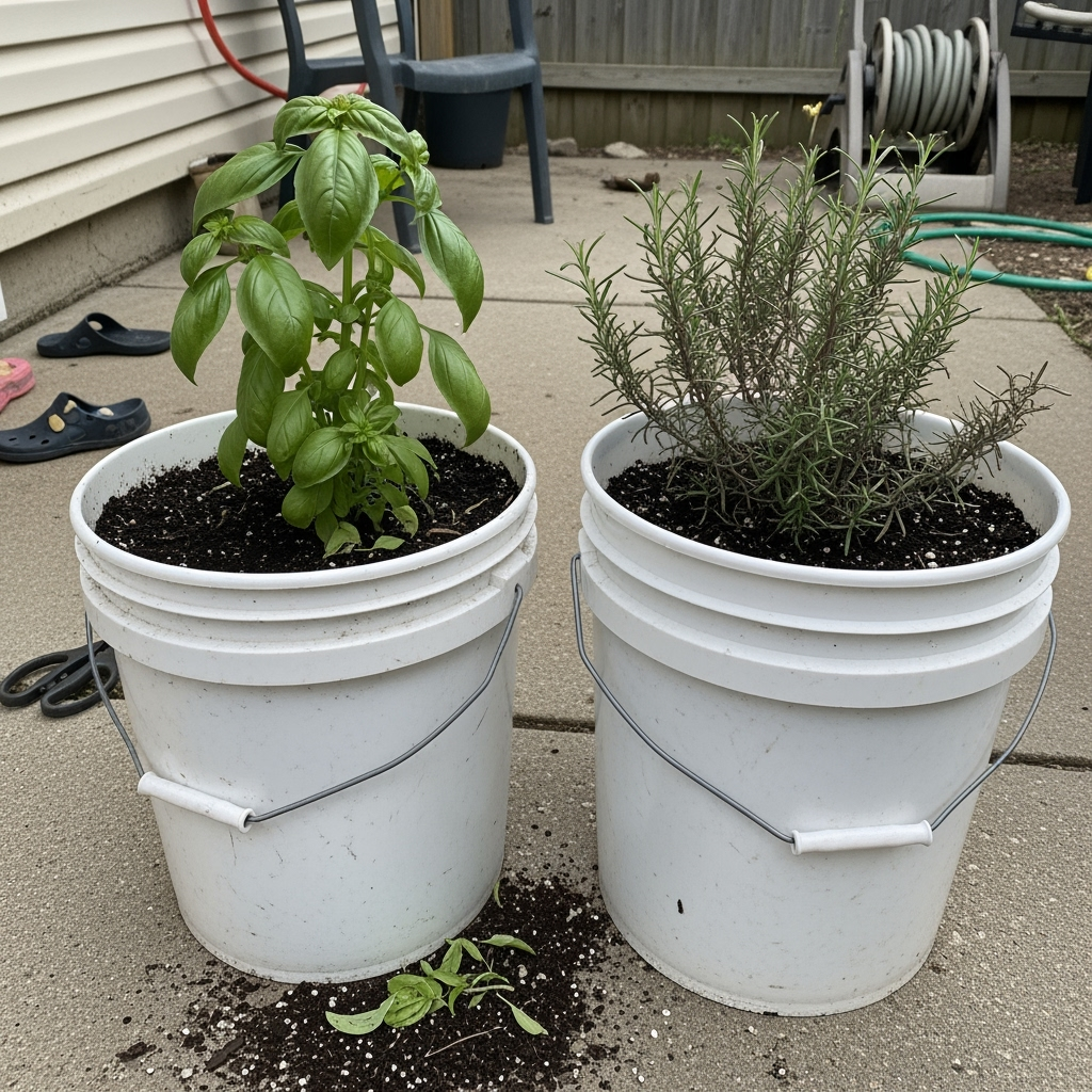 Basil and Rosemary in 5-Gallon Buckets – Imperfect but Thriving Basil and rosemary growing in 5-gallon white buckets on a backyard patio, showing real-life container herb gardening setup