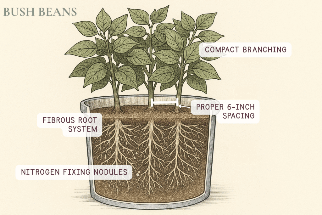 Bush Beans Diagram - One of the Easiest Vegetables to Grow in Containers Illustration of bush beans in a 5-gallon bucket, showing root structure, 6-inch spacing, and nitrogen-fixing nodules — one of the easiest vegetables to grow in containers and a top choice for vegetables that grow well in pots
