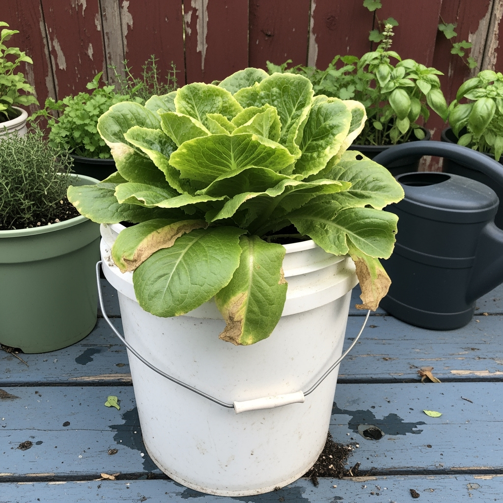 Buttercrunch Lettuce in a 5-Gallon Bucket – Easiest Vegetables to Grow in Containers Realistic Buttercrunch lettuce plant growing in a white 5-gallon bucket with minor leaf damage — a practical example of one of the easiest vegetables to grow in containers and a top choice for vegetables that grow well in pots
