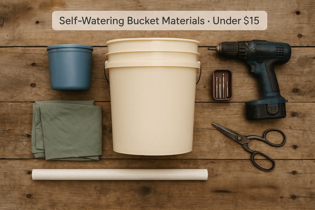 DIY Self-Watering 5-Gallon Bucket Materials Under $15 Flat lay of materials for building a DIY self-watering 5-gallon bucket system, including a white bucket, PVC pipe, fabric, coffee container, scissors, drill, and bits — all arranged on a rustic wooden surface.