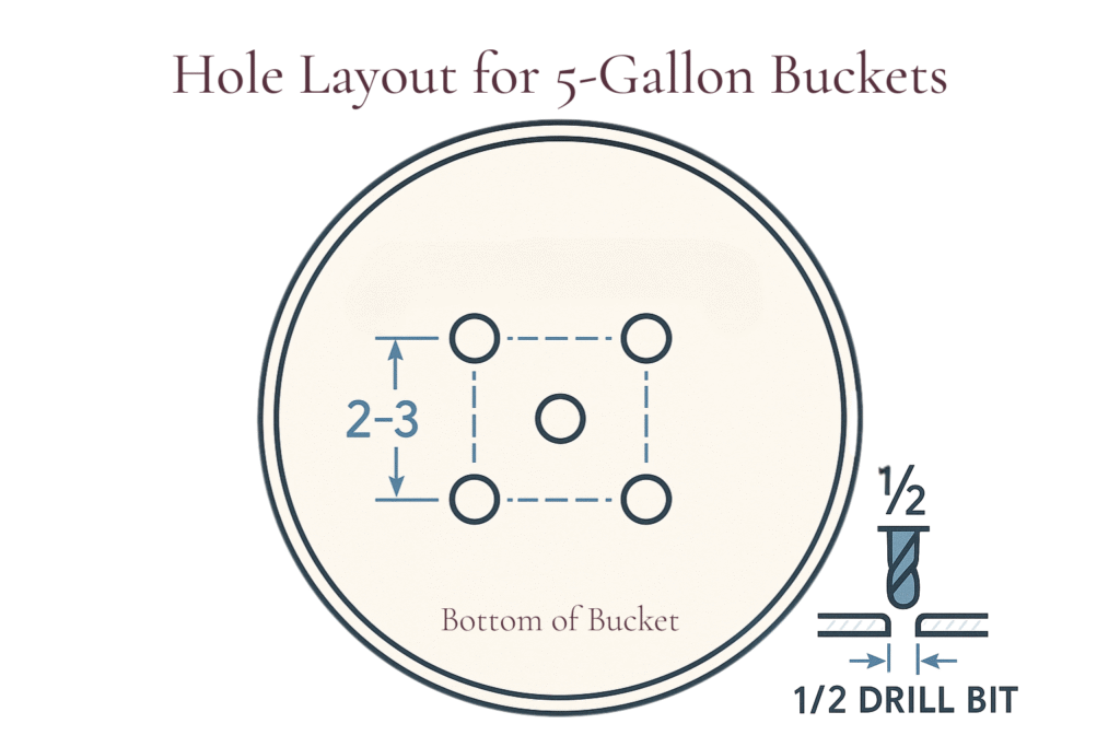 5-Gallon Bucket Setup: Drainage Hole Layout Guide Diagram showing how to start a 5-gallon bucket garden correctly with proper drainage. Hole placement for a 5-Gallon Bucket Setup — five 1/2-inch holes arranged in a square pattern with a center hole, spaced 2–3 inches apart on the bucket bottom.