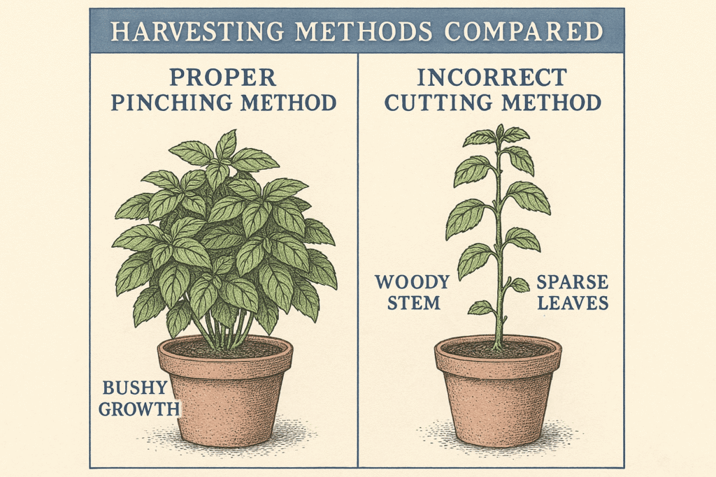 How to Harvest Herbs for Bushy Growth - Pinching vs Cutting Compared Side-by-side illustration comparing proper pinching vs incorrect cutting when harvesting herbs in pots. Pinching above the leaf pair leads to bushy growth, while cutting below results in woody stems and sparse leaves — essential for growing a herb garden in pots and getting the most from the best herbs to grow in containers.