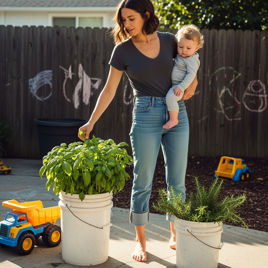 Mom Harvesting Basil from 5-Gallon Bucket Herb Garden Young mom harvesting basil from a 5-gallon bucket while holding a baby, with rosemary growing in another container nearby on a backyard patio