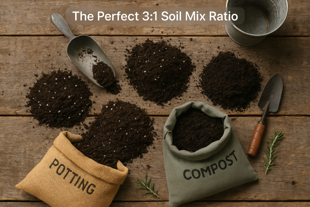 Perfect DIY Potting Mix Ratio for Container Gardening_3-1 Ratio Overhead photo of DIY potting mix for container gardening using 3 parts potting mix and 1 part compost