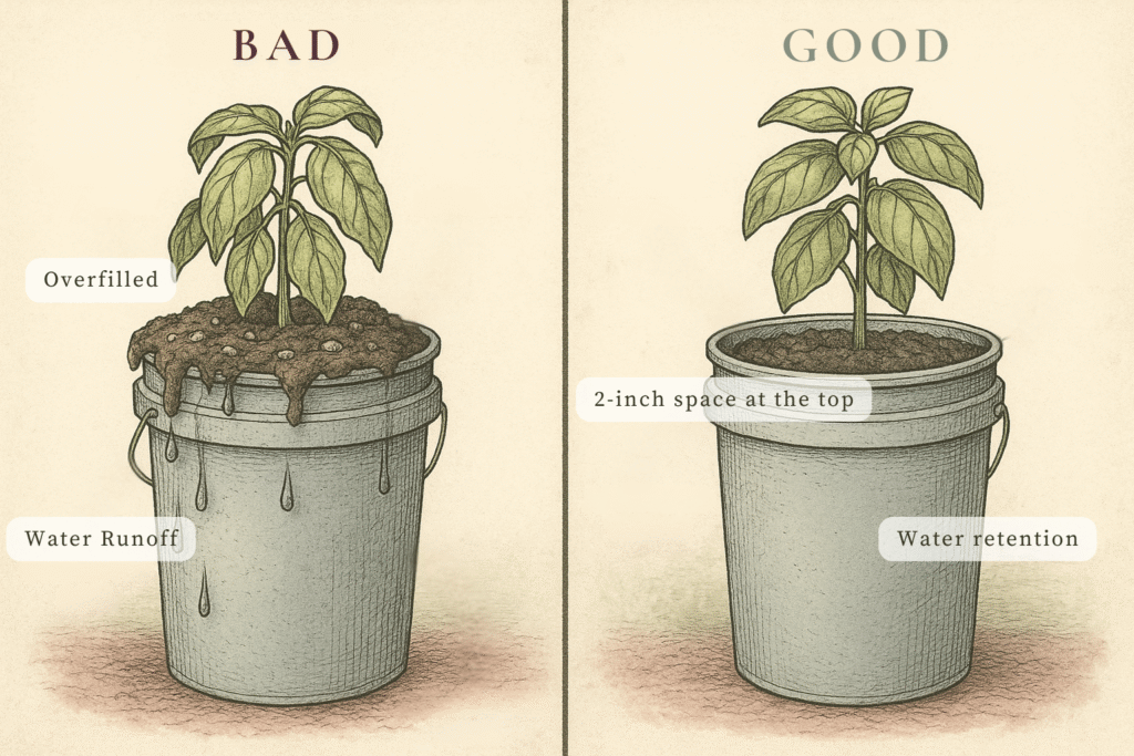 Proper Bucket Fill Height for Potting Mix in Container Gardening Side-by-side image showing correct and incorrect bucket fill height using potting mix for container gardening. Highlights water runoff from overfilled soil and proper water retention with DIY potting mix and a 2-inch gap.