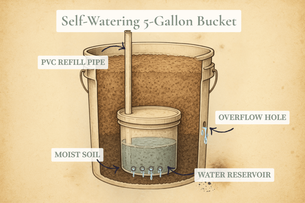Self-Watering 5-Gallon Bucket System Diagram (DIY Cross-Section) Labeled cross-section diagram of a self-watering 5-gallon bucket showing PVC refill pipe, inner water reservoir, overflow hole, and moist soil wicking system for container gardening.