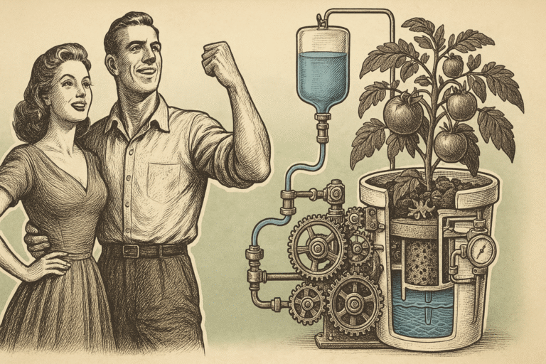 Editorial-style engraving of a 1950s couple celebrating a DIY self-watering 5-gallon bucket system with internal reservoir, IV drip fill tube, and exaggerated watering mechanism for 5-gallon bucket garden watering.