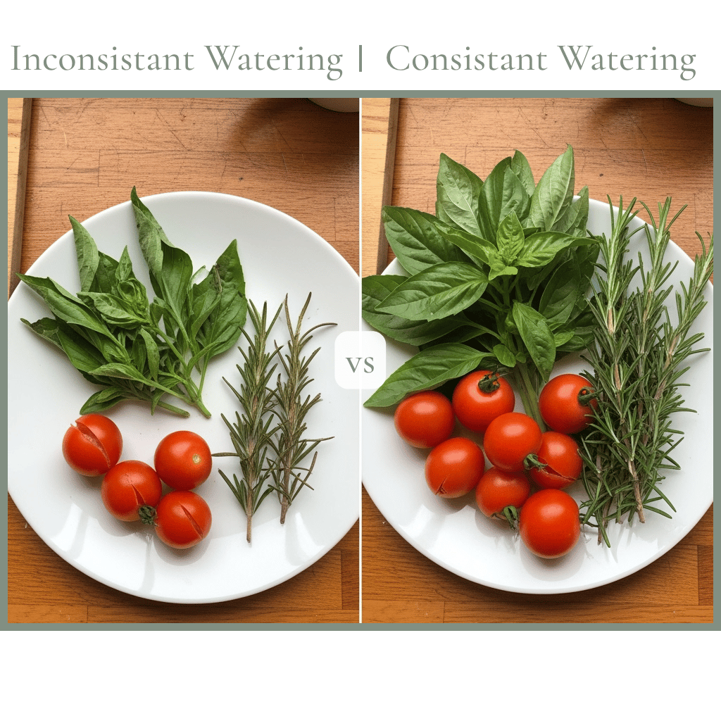 Side-by-Side Comparison of Self-Watering vs Inconsistent Watering Results Side-by-side photo of tomato, basil, and rosemary harvests comparing inconsistent watering versus a DIY self-watering 5-gallon bucket system. Left plate shows smaller, wilted produce; right plate shows larger, vibrant harvest.