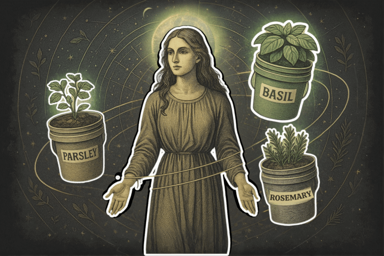 Illustration of a woman standing at the center of a cosmic orbit with 5-gallon buckets labeled basil, parsley, and rosemary — depicting the best herbs to grow in containers as part of a 3-bucket system for growing a herb garden in pots.