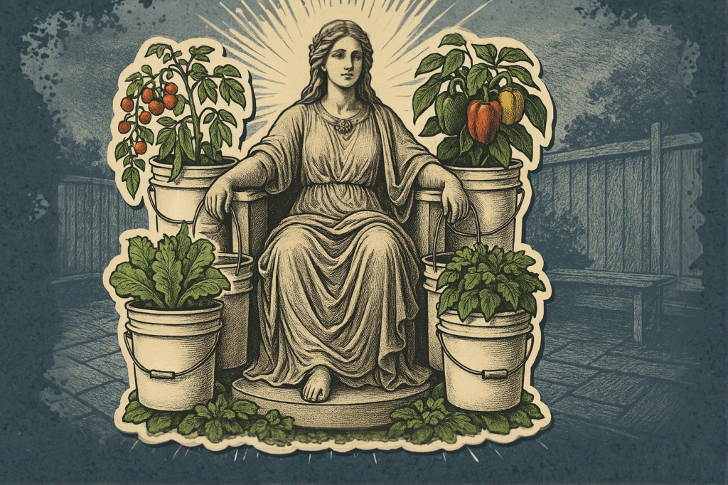 Engraving-style woman sitting on a throne of 5-gallon buckets filled with vegetables like cherry tomatoes, peppers, and lettuce — representing the easiest vegetables to grow in containers