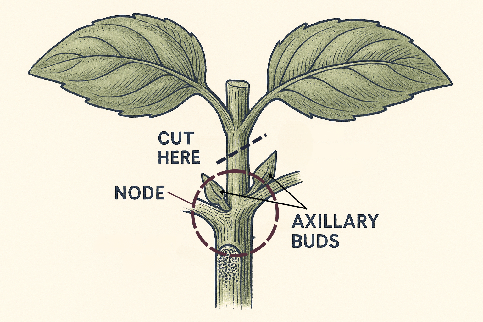 Where to Cut Basil - Proper Node Pruning for Bushier Growth Detailed diagram showing where to cut a basil stem for proper pruning, with labeled node, axillary buds, and cut line. Visual guide for harvesting basil when growing a herb garden in pots and getting the most from the best herbs to grow in containers.