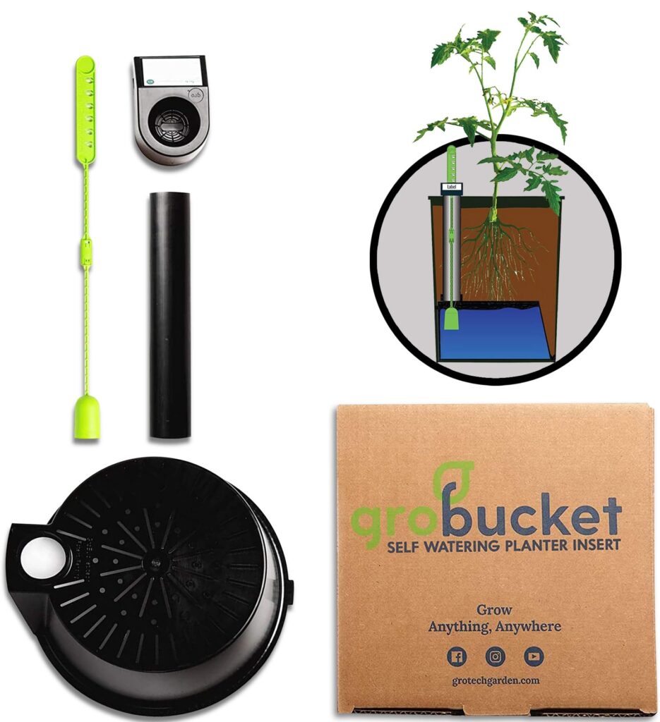 GroBucket Self-Watering Planter Insert for 5-Gallon Buckets GroBucket self-watering planter insert kit for 5-gallon buckets, showing fill tube, water level gauge, reservoir platform, and setup diagram with tomato plant growing above a water chamber.